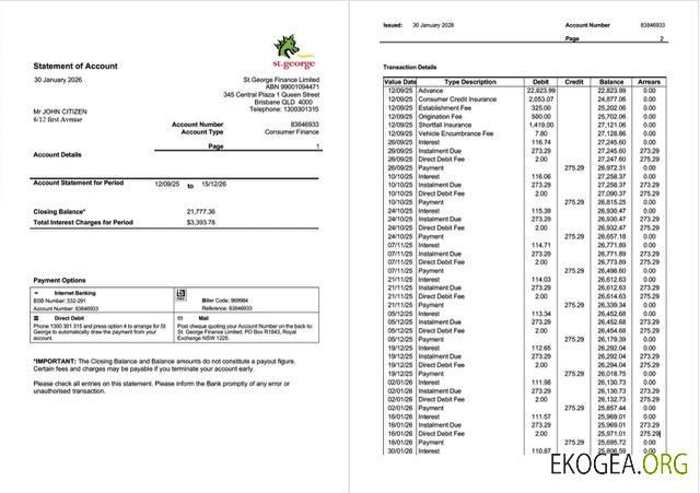 Australie St.George Bank relevé de compte Modèle Word et PDF, 2 pages
